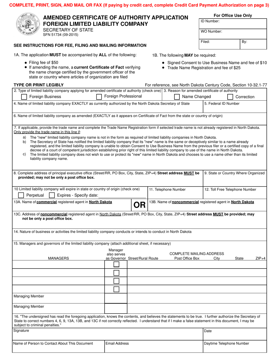 Form SFN51734 Download Printable PDF or Fill Online Amended Certificate ...