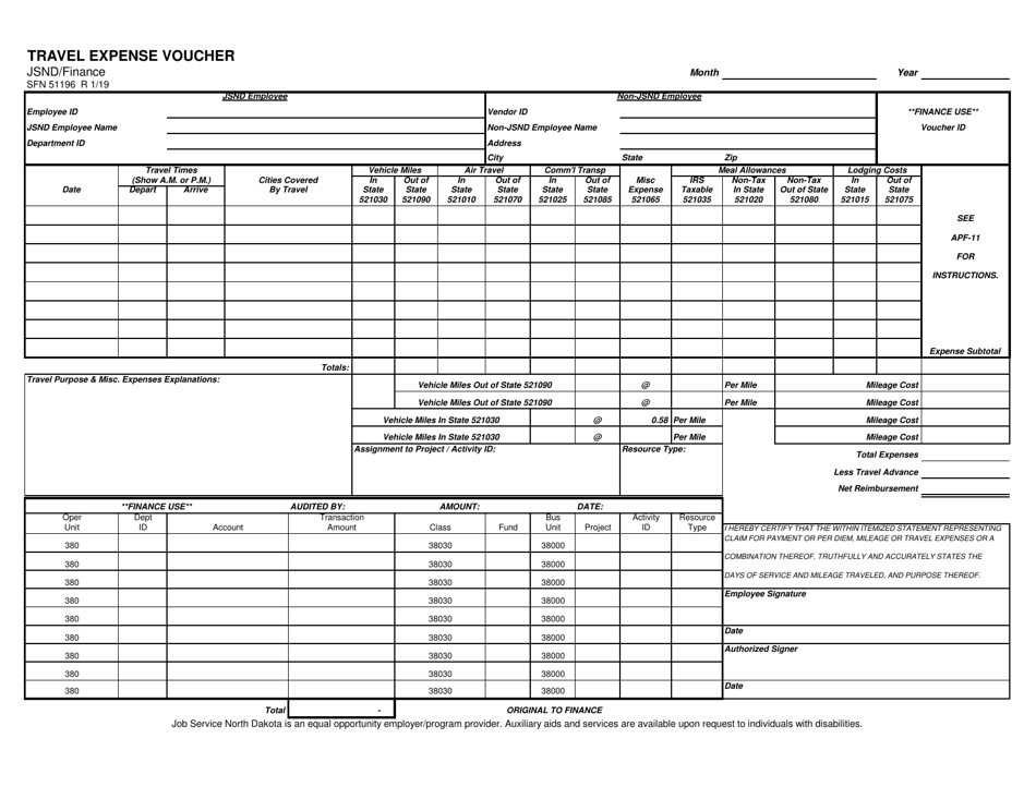 Form SFN51196 Travel Expense Voucher - North Dakota, Page 1