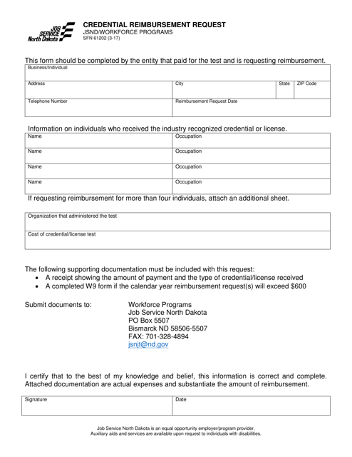Form SFN61202 Credential Reimbursement Request - North Dakota