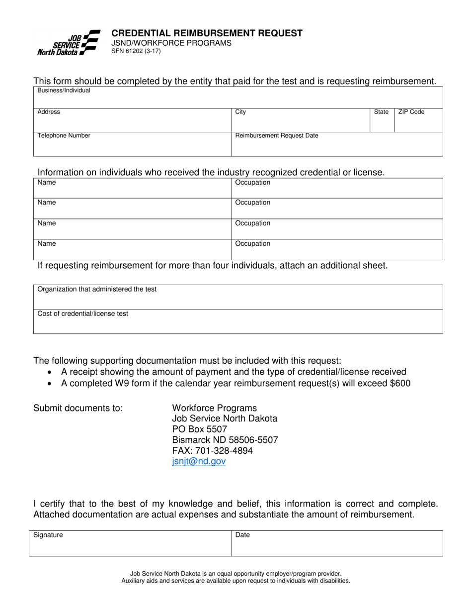 Form SFN61202 Credential Reimbursement Request - North Dakota, Page 1