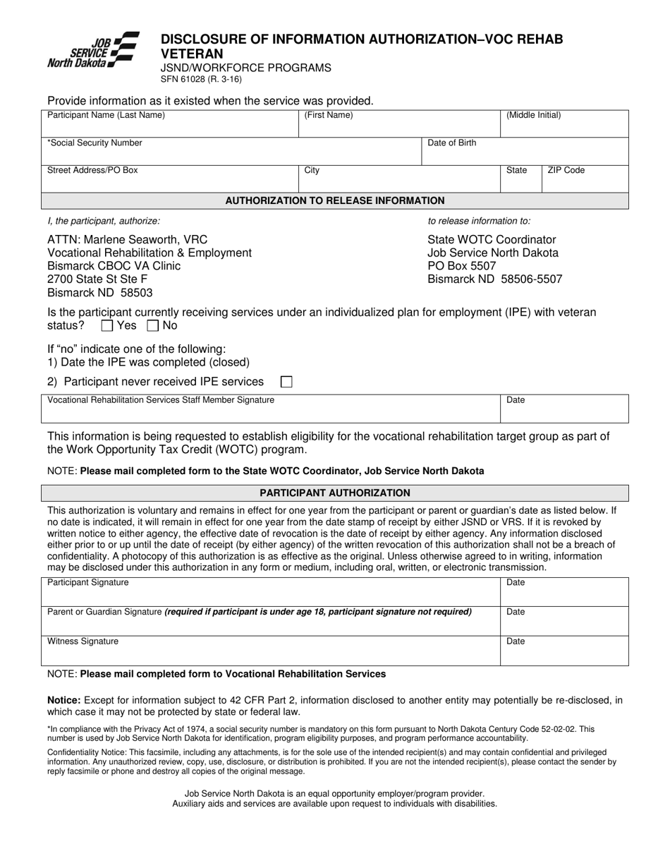 Form SFN61028 Disclosure of Information AuthorizationVOC Rehab Veteran - North Dakota, Page 1