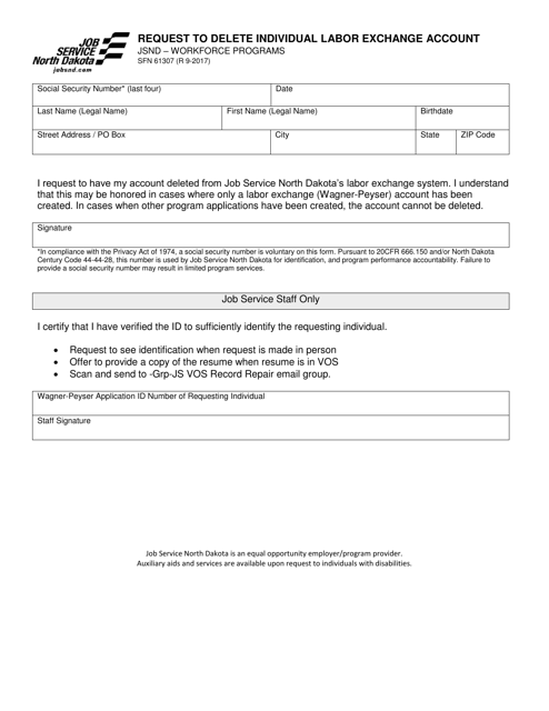 Form 61307 Request to Delete Individual Labor Exchange Account - North Dakota