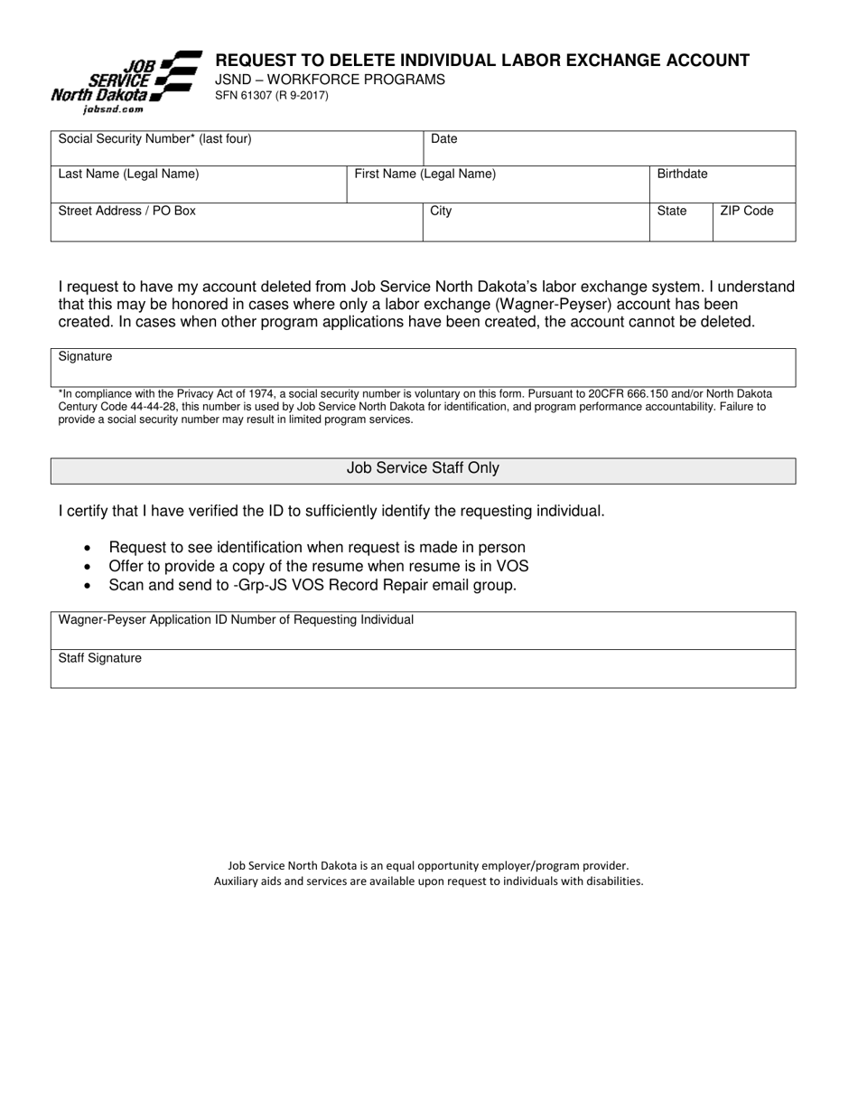 Form 61307 Request to Delete Individual Labor Exchange Account - North Dakota, Page 1