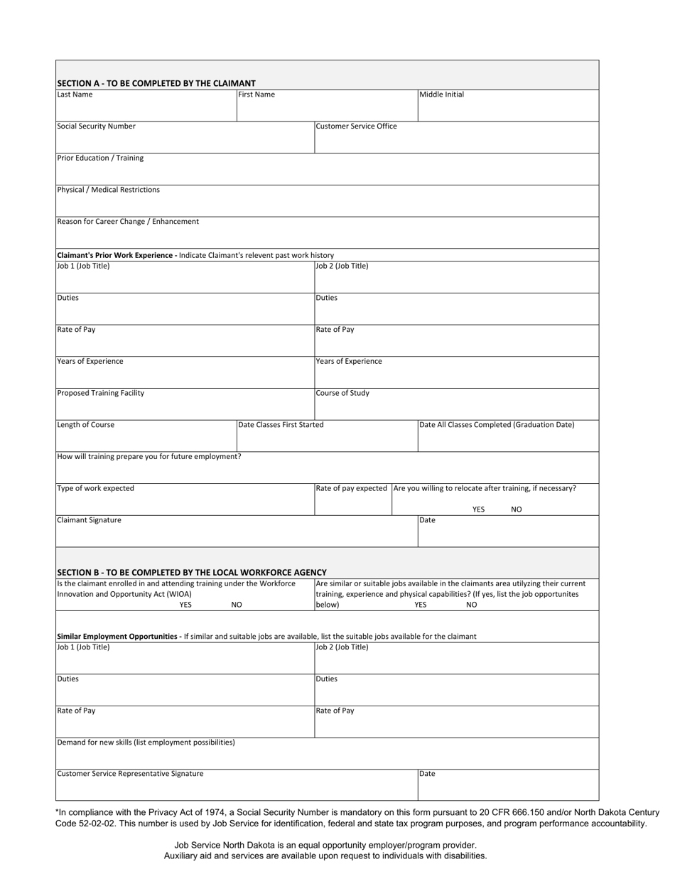 Form SFN41227 Request for Benefits While in Training - North Dakota, Page 2