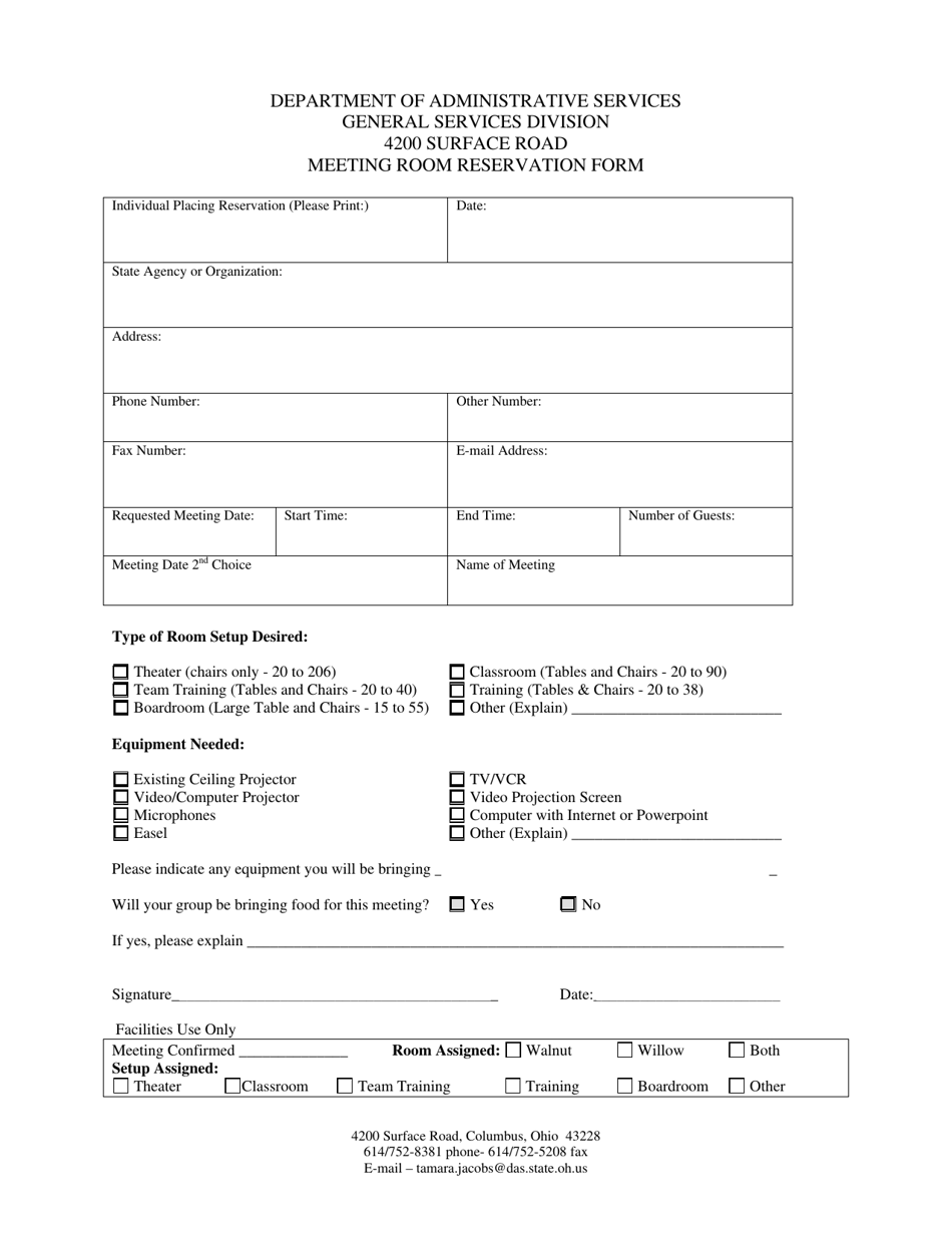Meeting Room Reservation Form - Ohio, Page 1