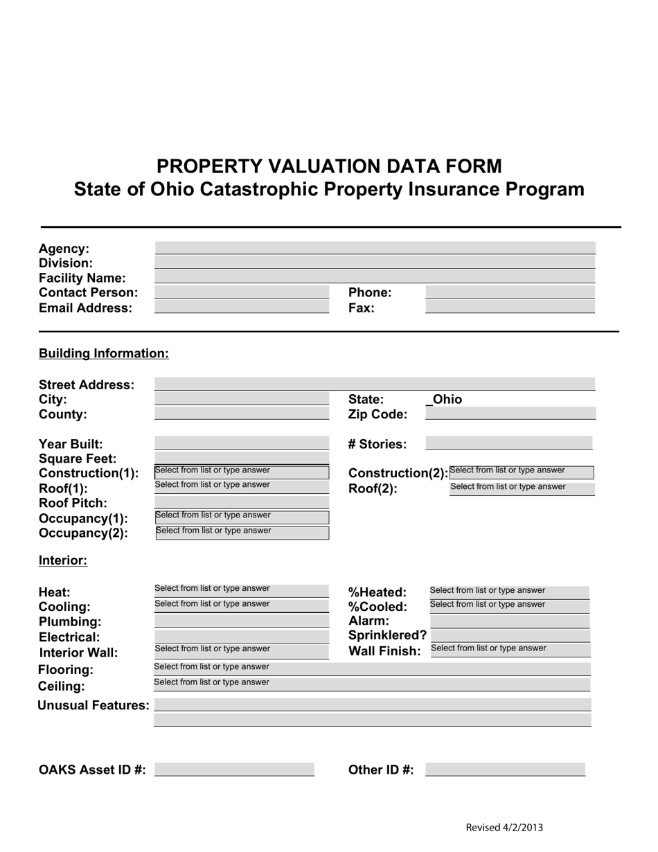 Property Valuation Data Form - Ohio, Page 1