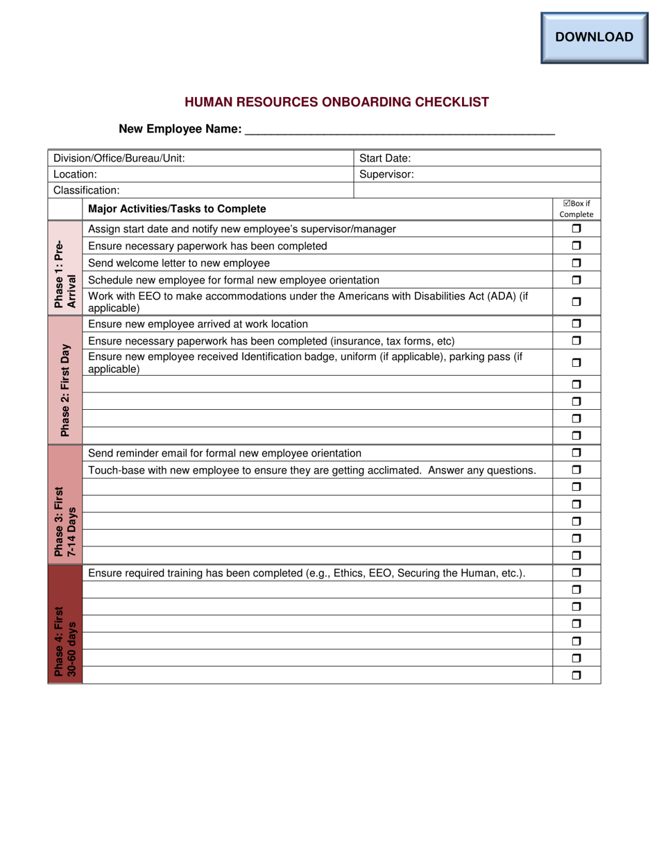 Human Resources Onboarding Checklist - Ohio, Page 1