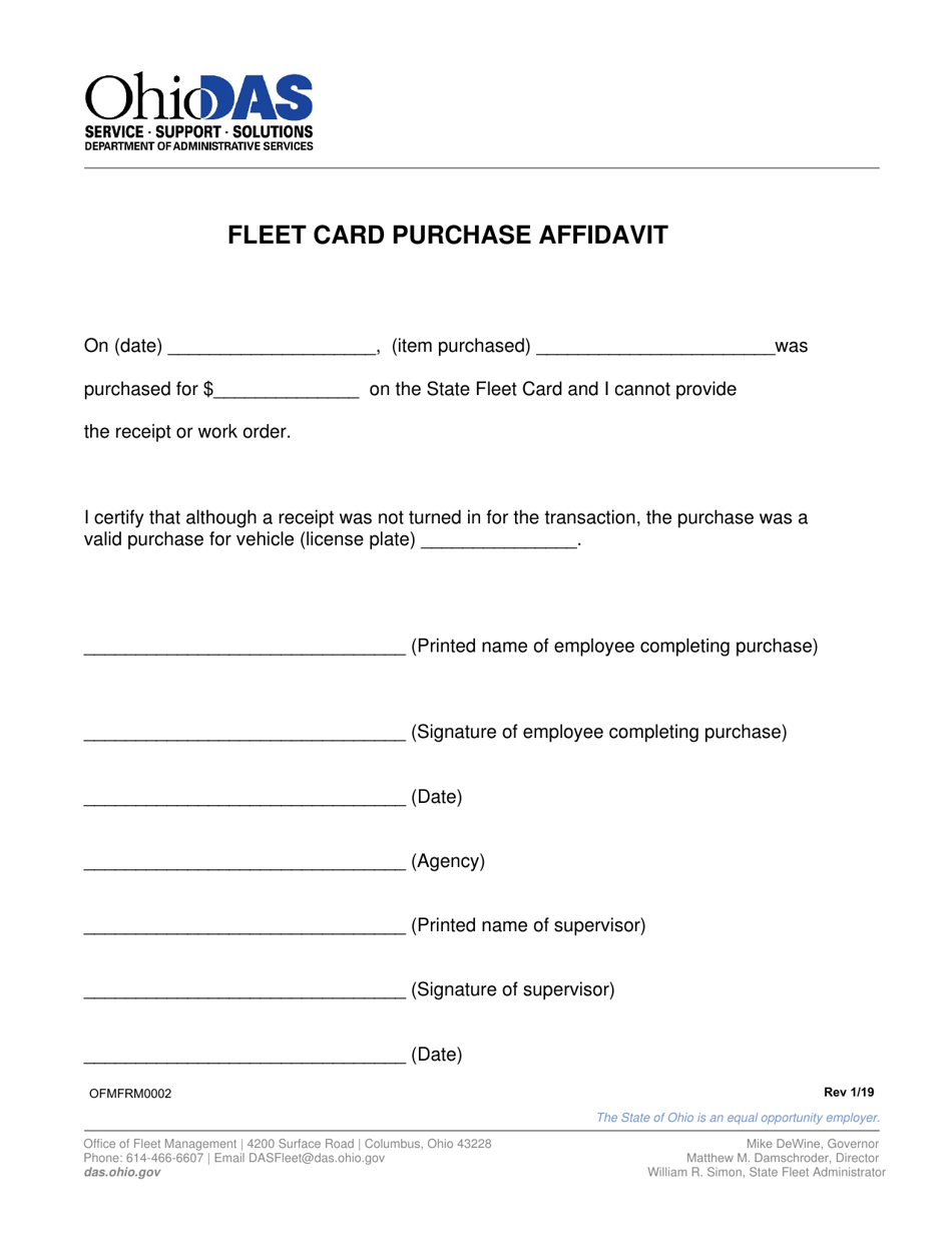 Form OFMFRM0002 Fleet Card Purchase Affidavit - Ohio, Page 1