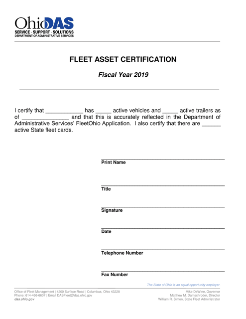 Fleet Asset Certification Form - Ohio, 2019