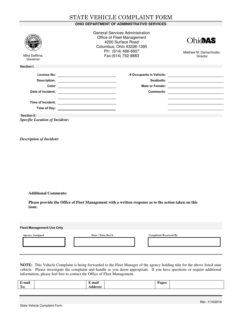 State Vehicle Complaint Form - Ohio, Page 1
