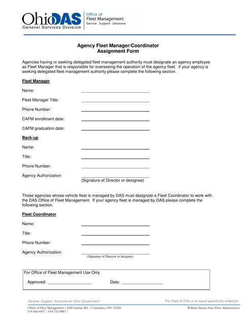 Agency Fleet Manager / Coordinator Assignment Form - Ohio Download Pdf