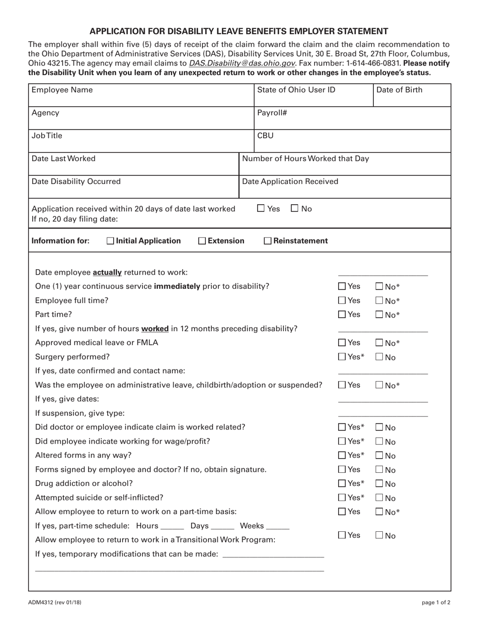 Form ADM4312 Application for Disability Leave Benefits Employer Statement - Ohio, Page 1