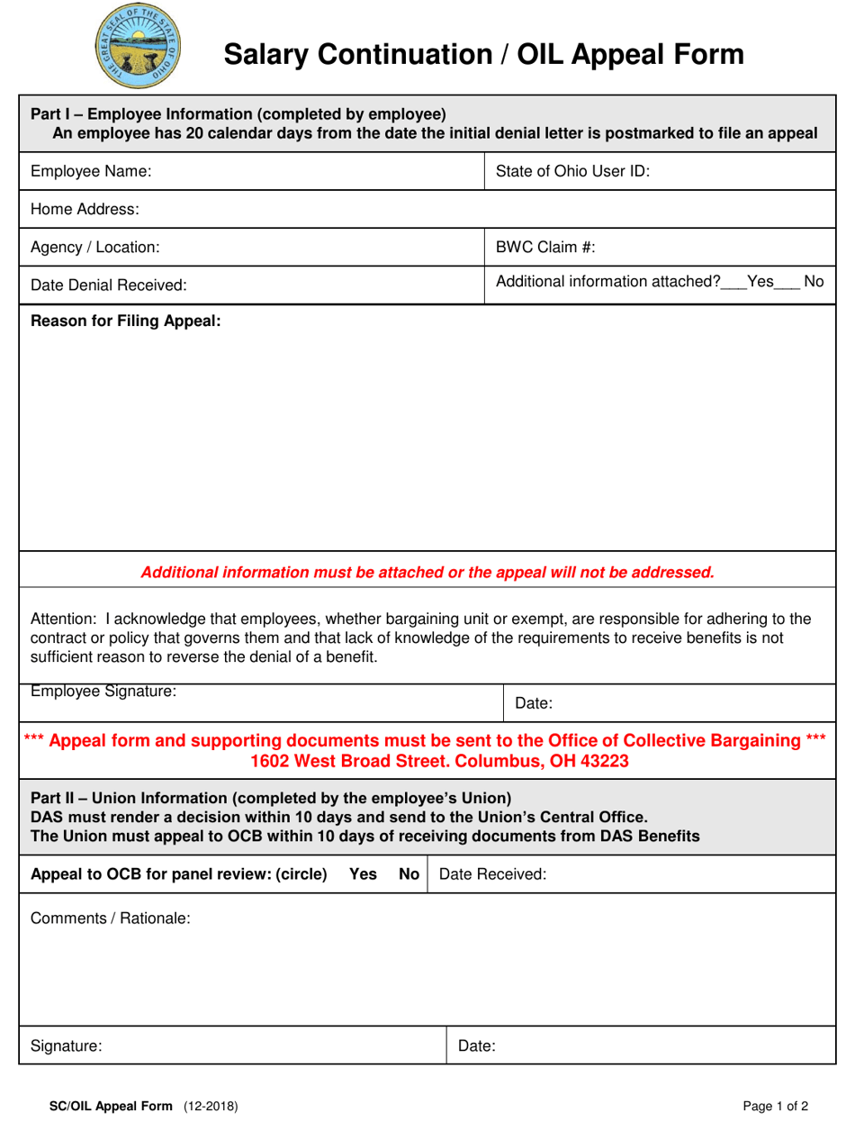 Salary Continuation / Oil Appeal Form - Ohio, Page 2