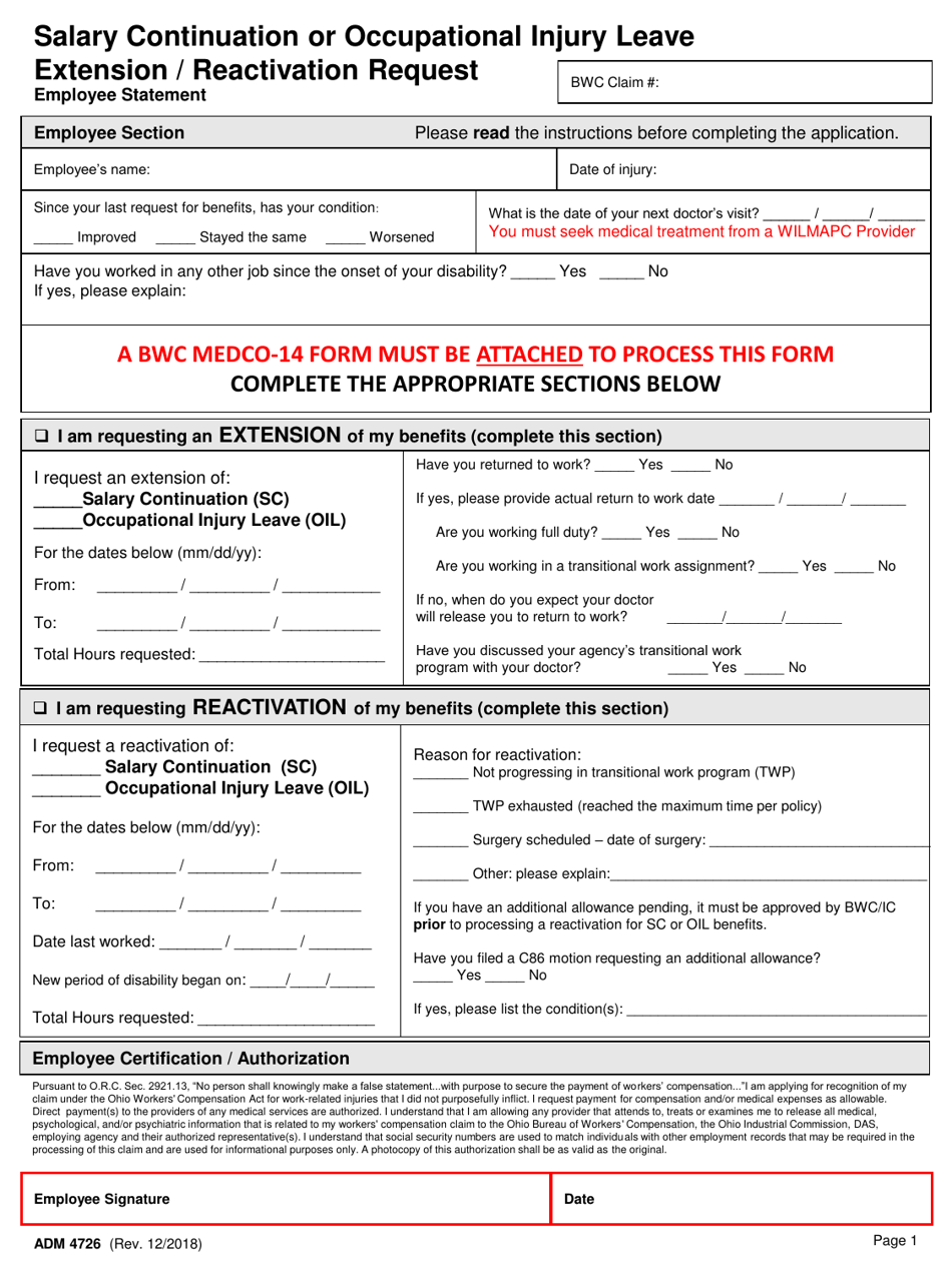 Form ADM4726 Salary Continuation or Occupational Injury Leave Extension / Reactivation Request - Ohio, Page 2