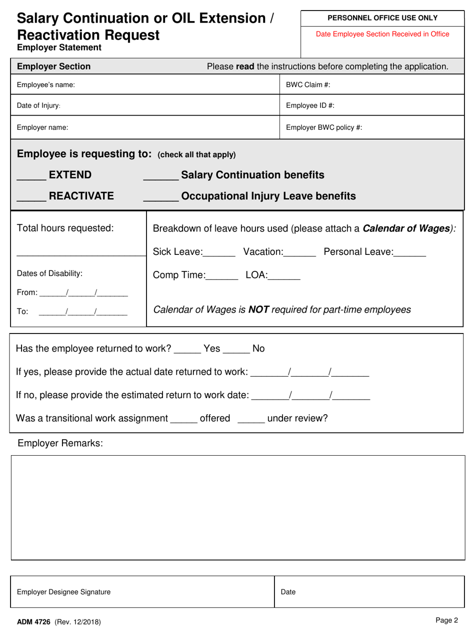 Form ADM4726 Salary Continuation or Occupational Injury Leave Extension / Reactivation Request - Ohio, Page 3