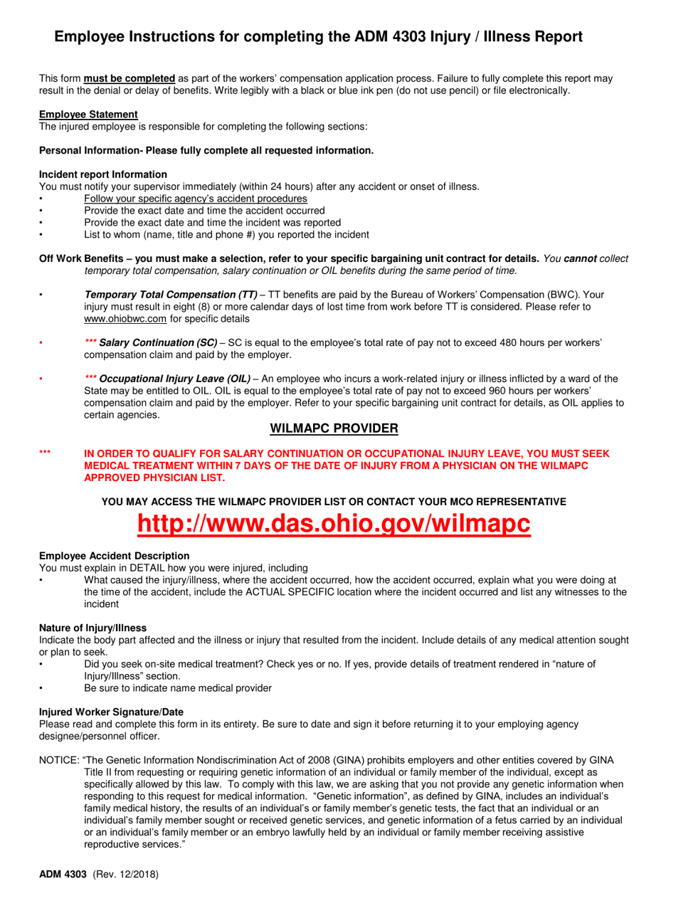 Form ADM4303 Injury / Illness Report - Ohio, Page 1
