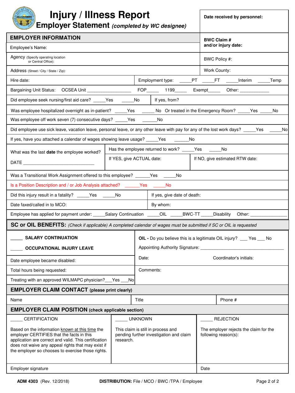 Form ADM4303 Injury / Illness Report - Ohio, Page 3