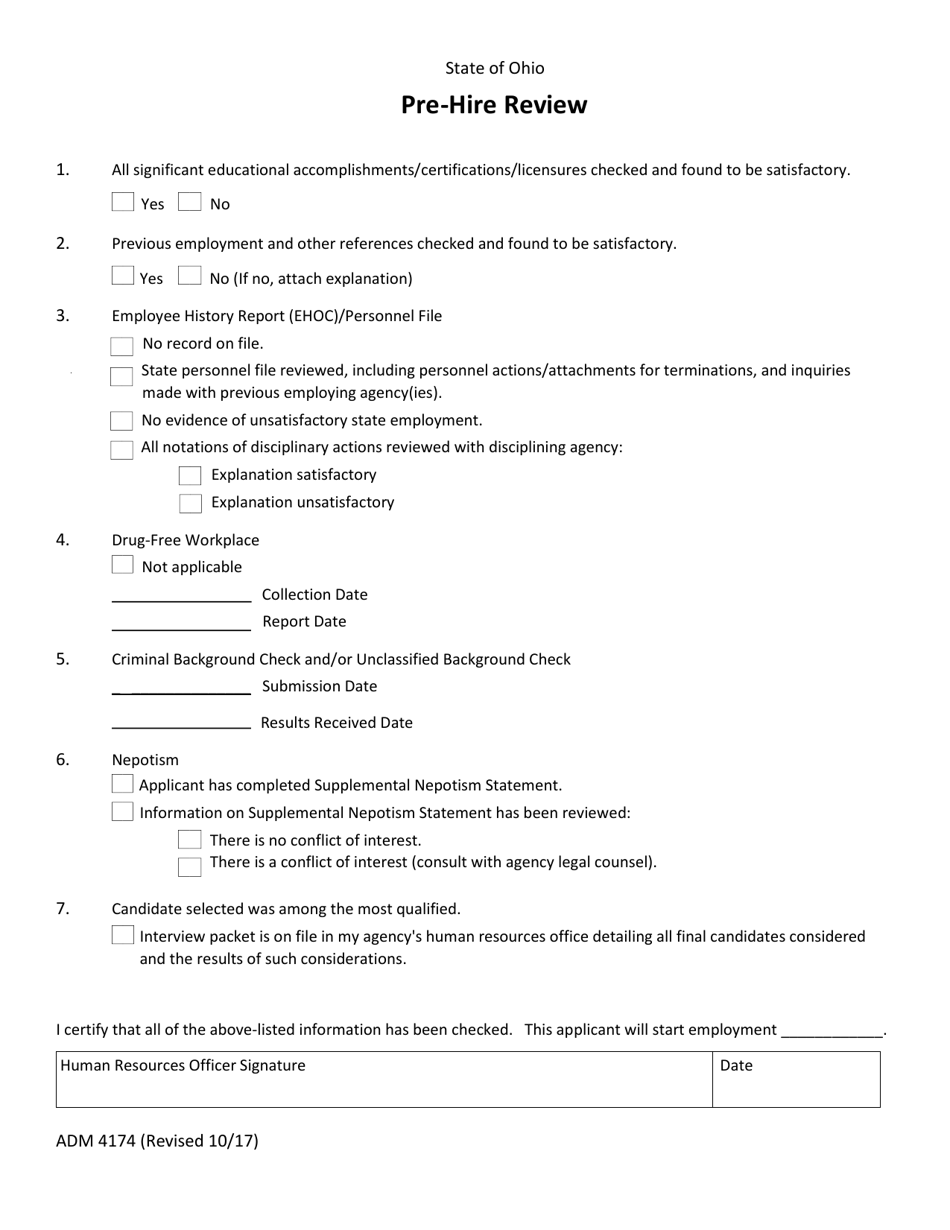 Form ADM4174 Pre-hire Review - Ohio, Page 1