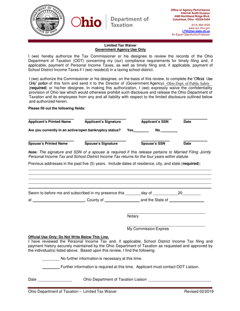 Limited Tax Waiver Form - Ohio Download Pdf