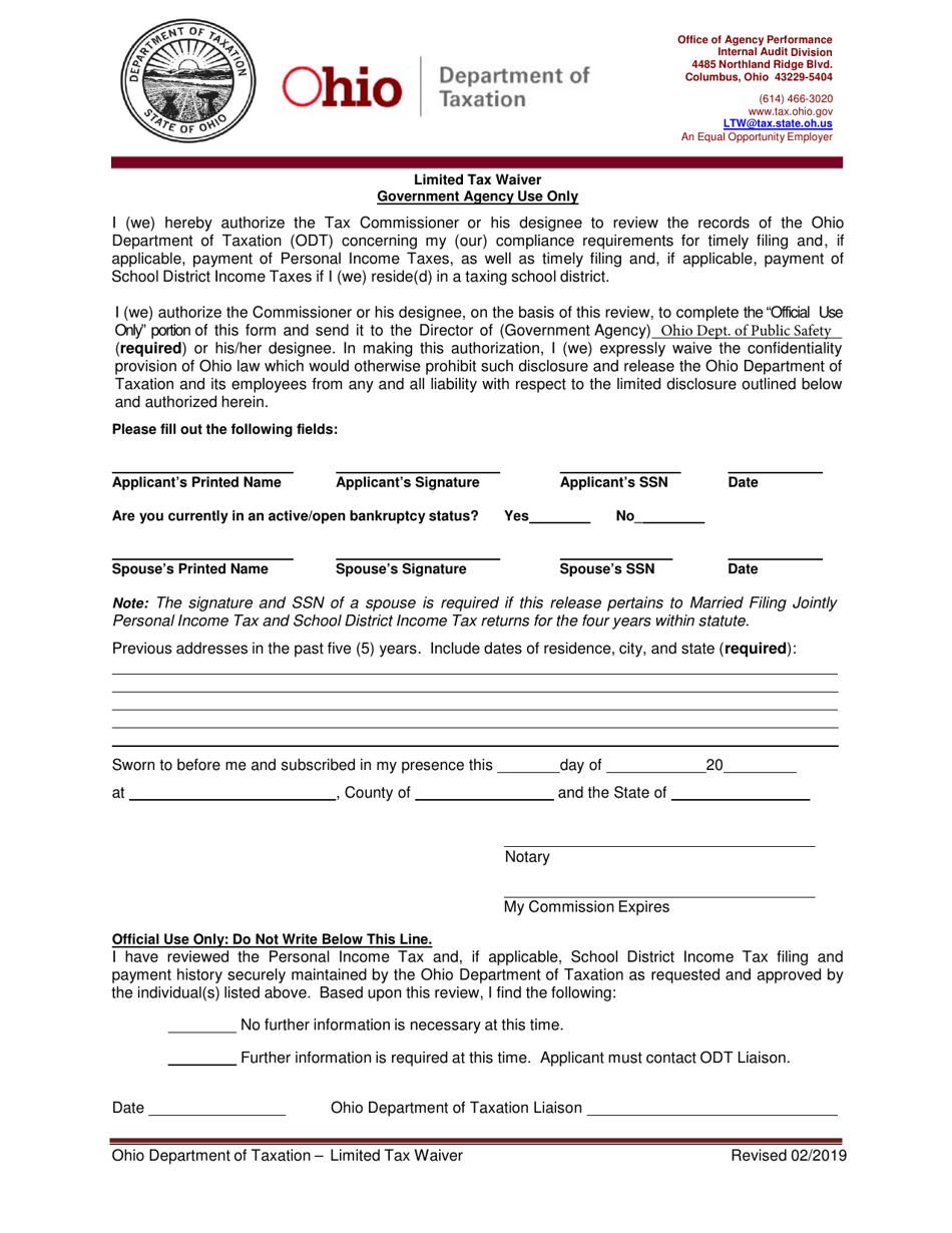 Ohio Limited Tax Waiver Form Fill Out, Sign Online and Download PDF