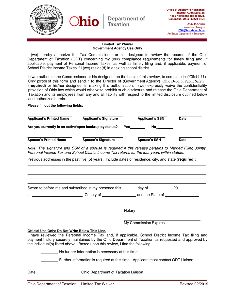 Limited Tax Waiver Form - Ohio, Page 1