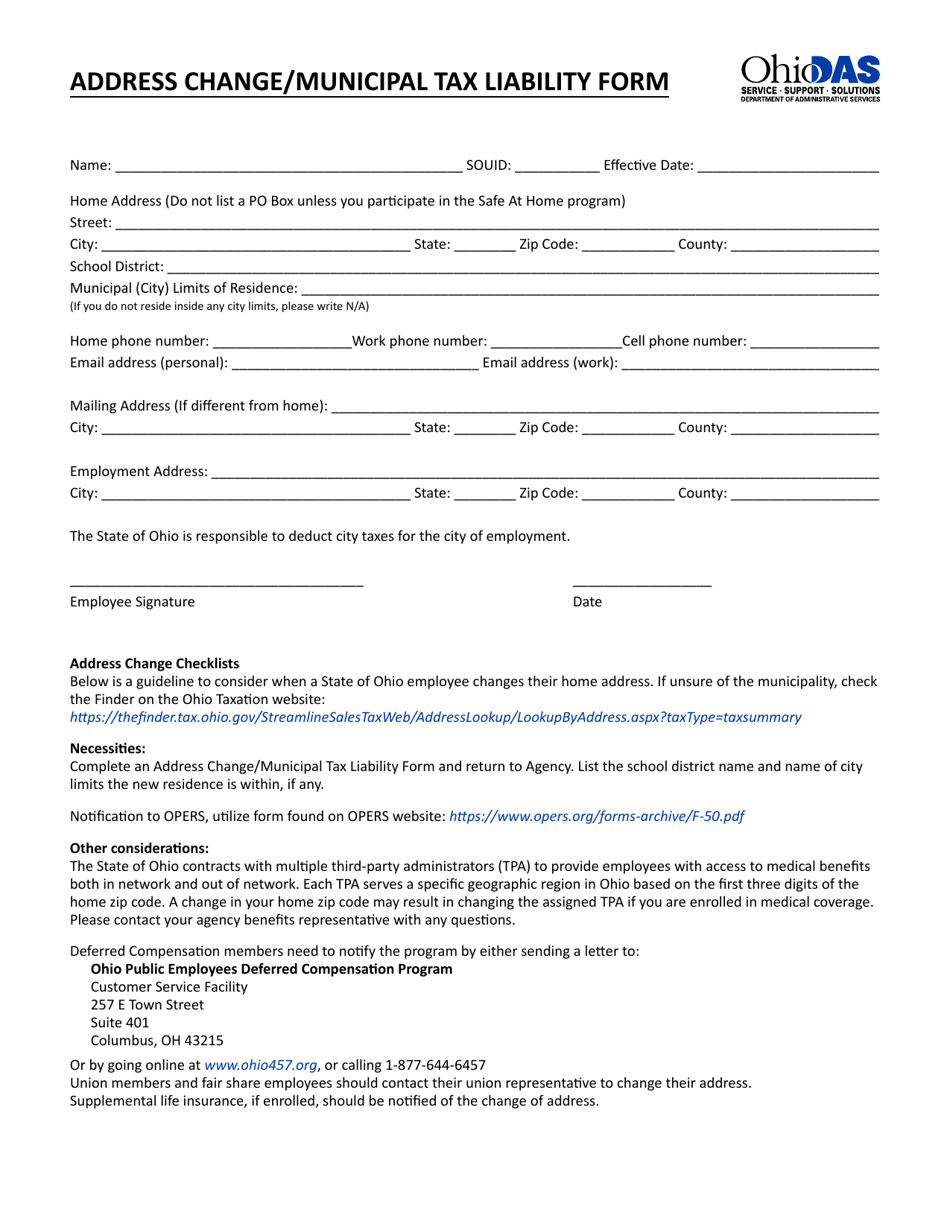 Address Change / Municipal Tax Liability Form - Ohio, Page 1