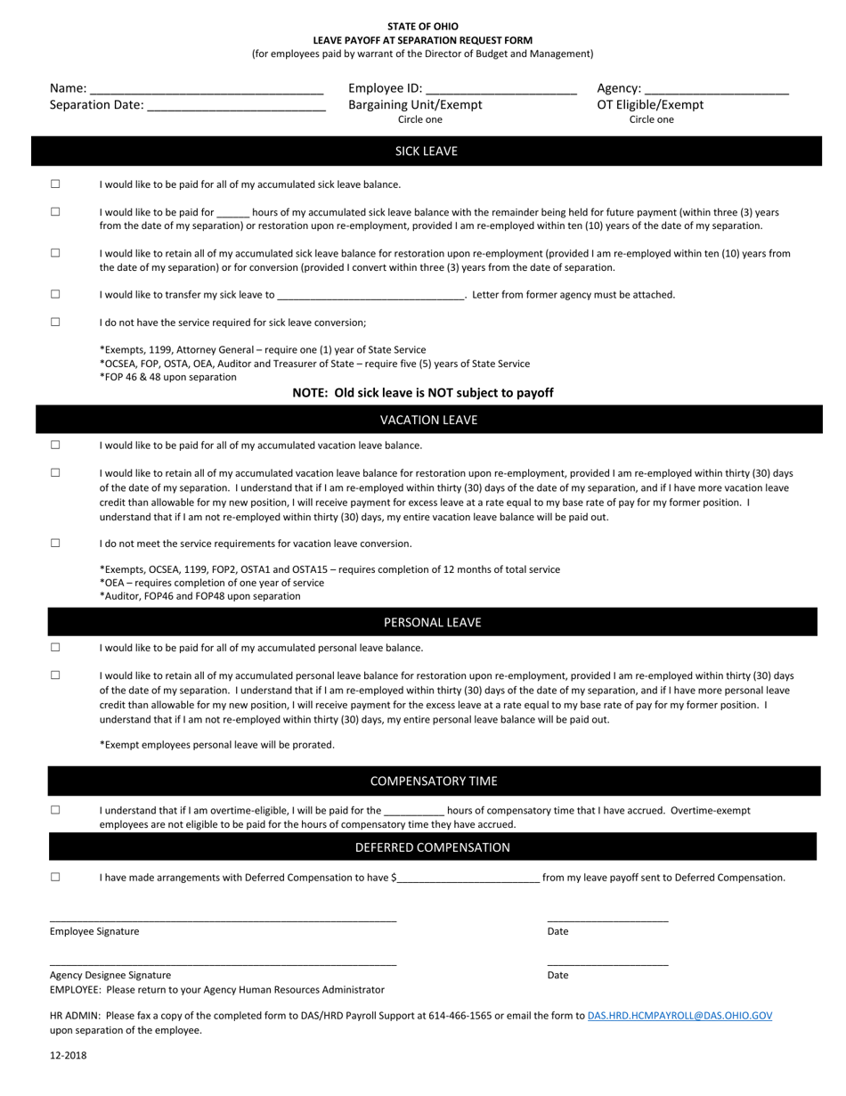 Ohio Leave Payoff at Separation Request Form Download Printable PDF Templateroller