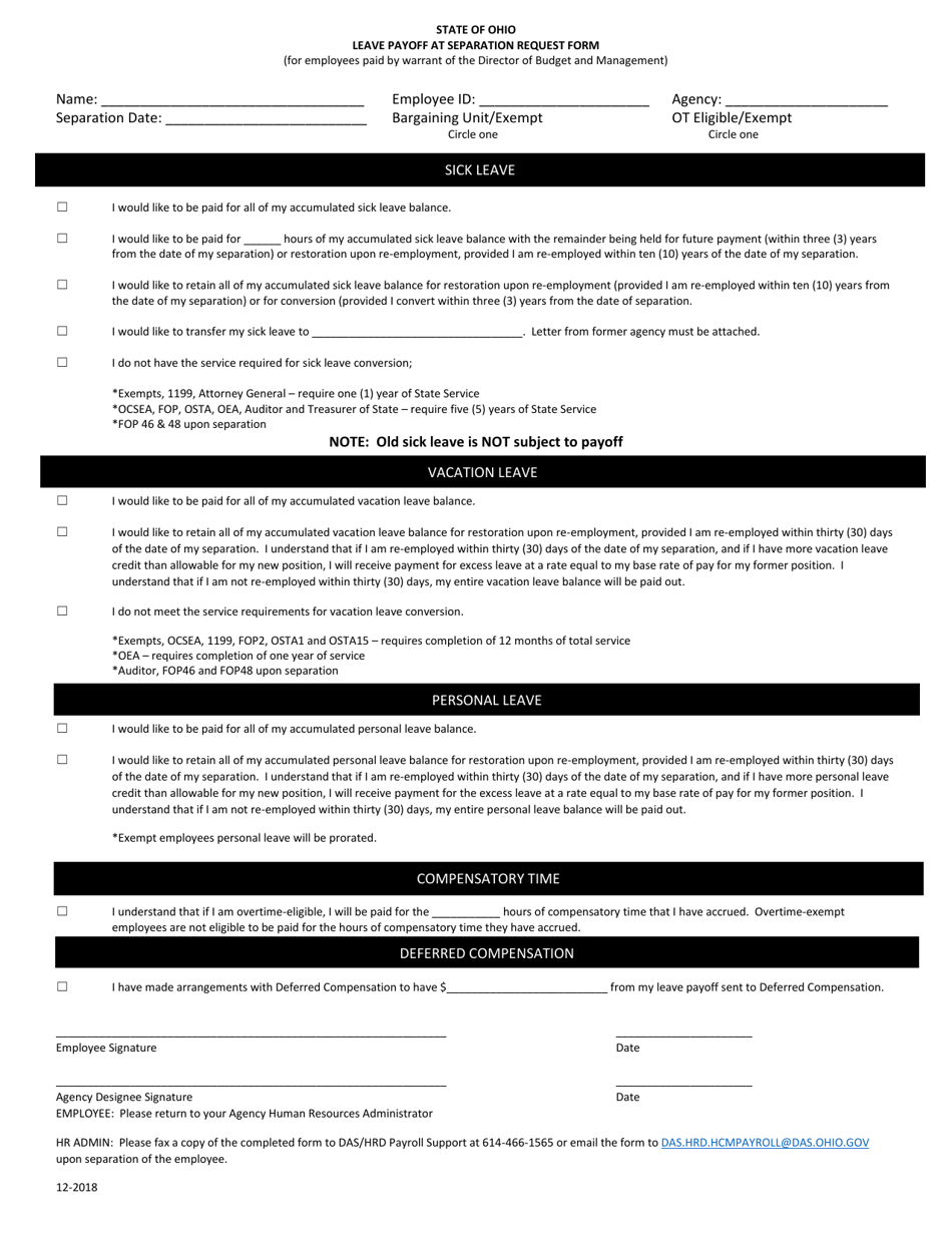 Leave Payoff at Separation Request Form - Ohio, Page 1