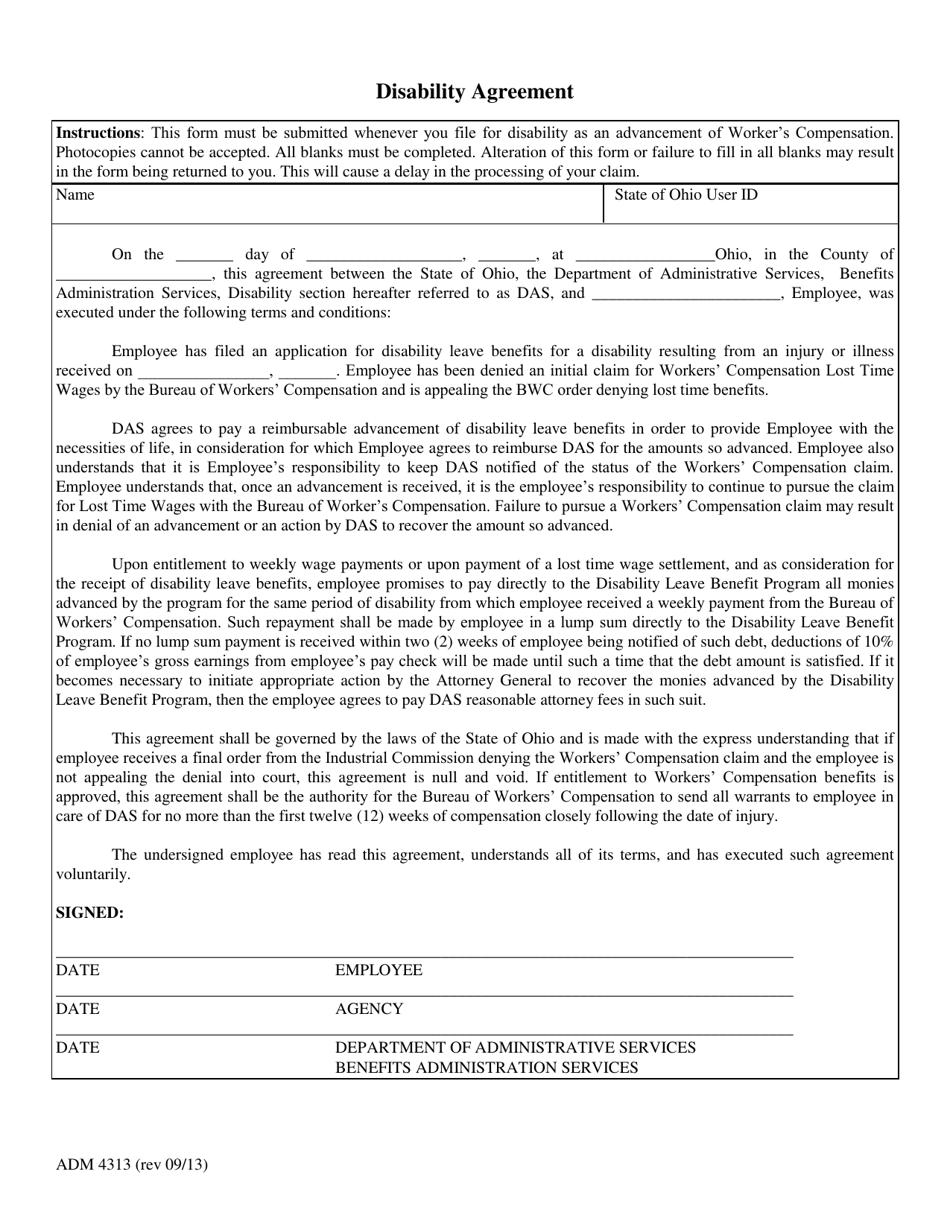 Form ADM4313 Disability Agreement - Ohio, Page 1
