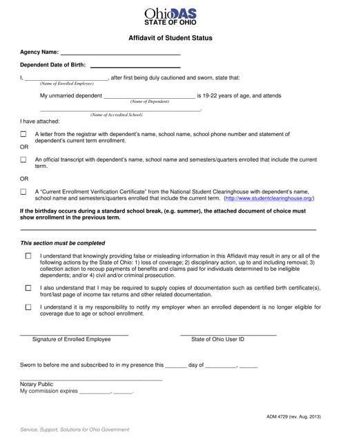 Form ADM-4729 Affidavit of Student Status - Ohio