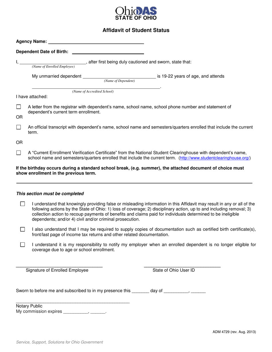 Form ADM-4729 Affidavit of Student Status - Ohio, Page 1