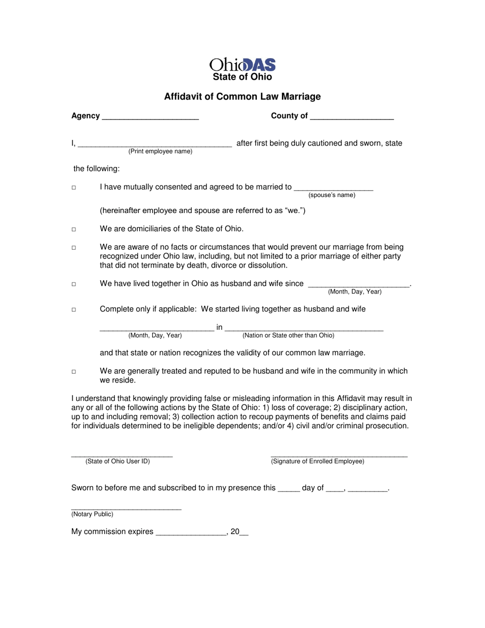 Form ADM4731 Affidavit of Common Law Marriage - Ohio, Page 1