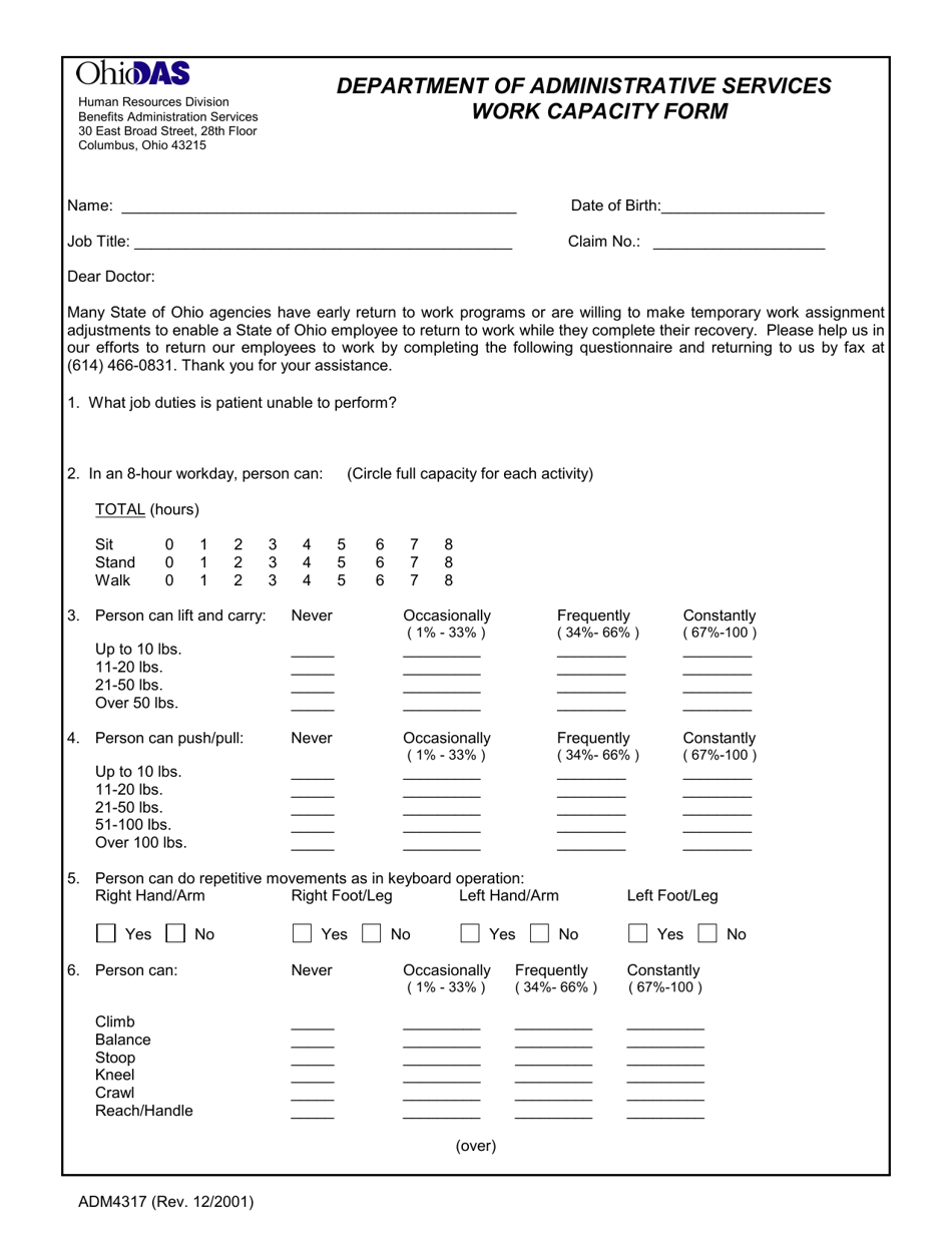 Form ADM4317 Work Capacity Form - Ohio, Page 1