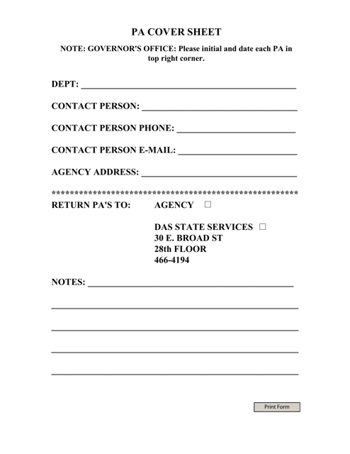 Personnel Action Cover Sheet - Ohio