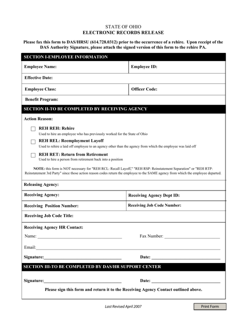 Electronic Records Release Form - Ohio