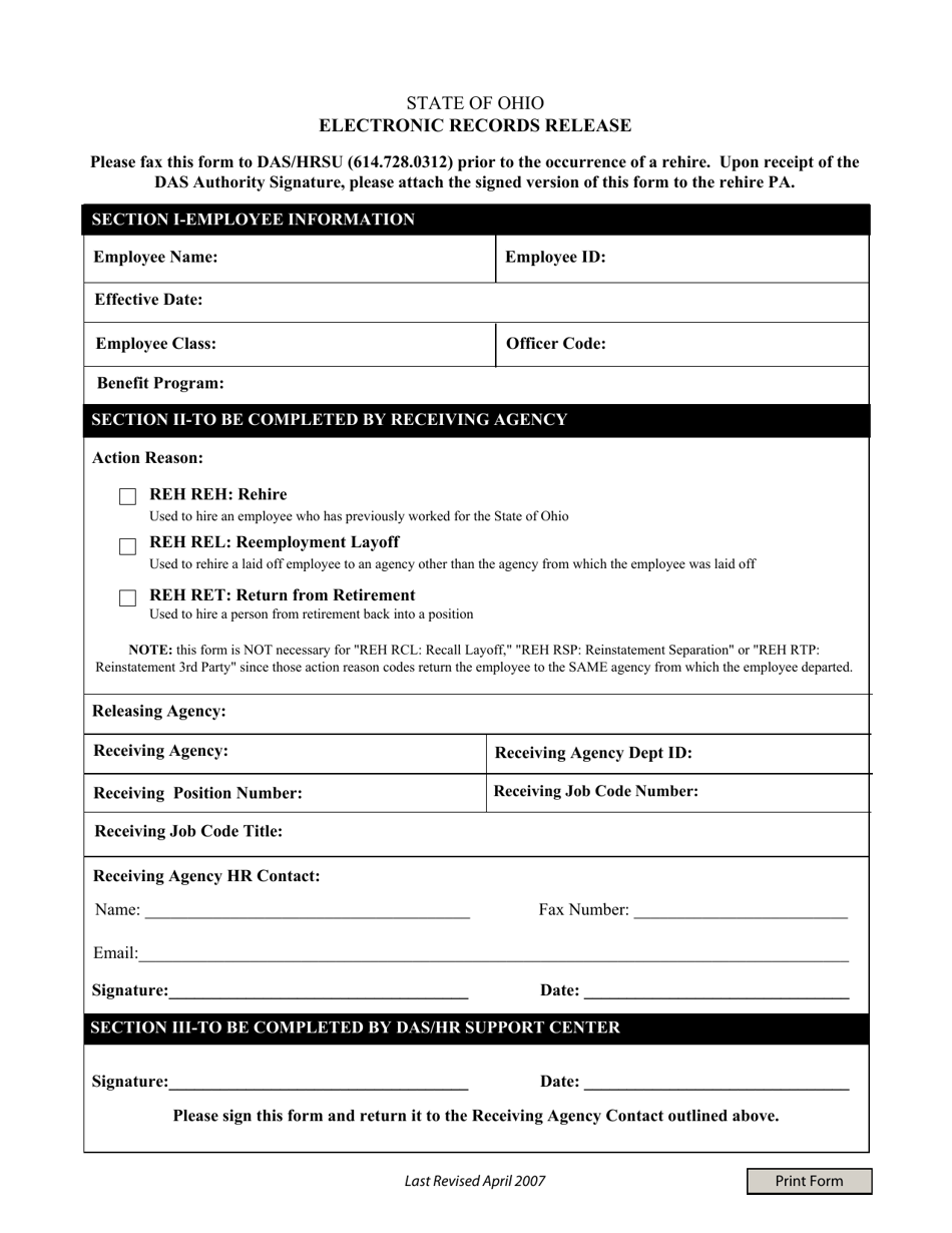 Electronic Records Release Form - Ohio, Page 1