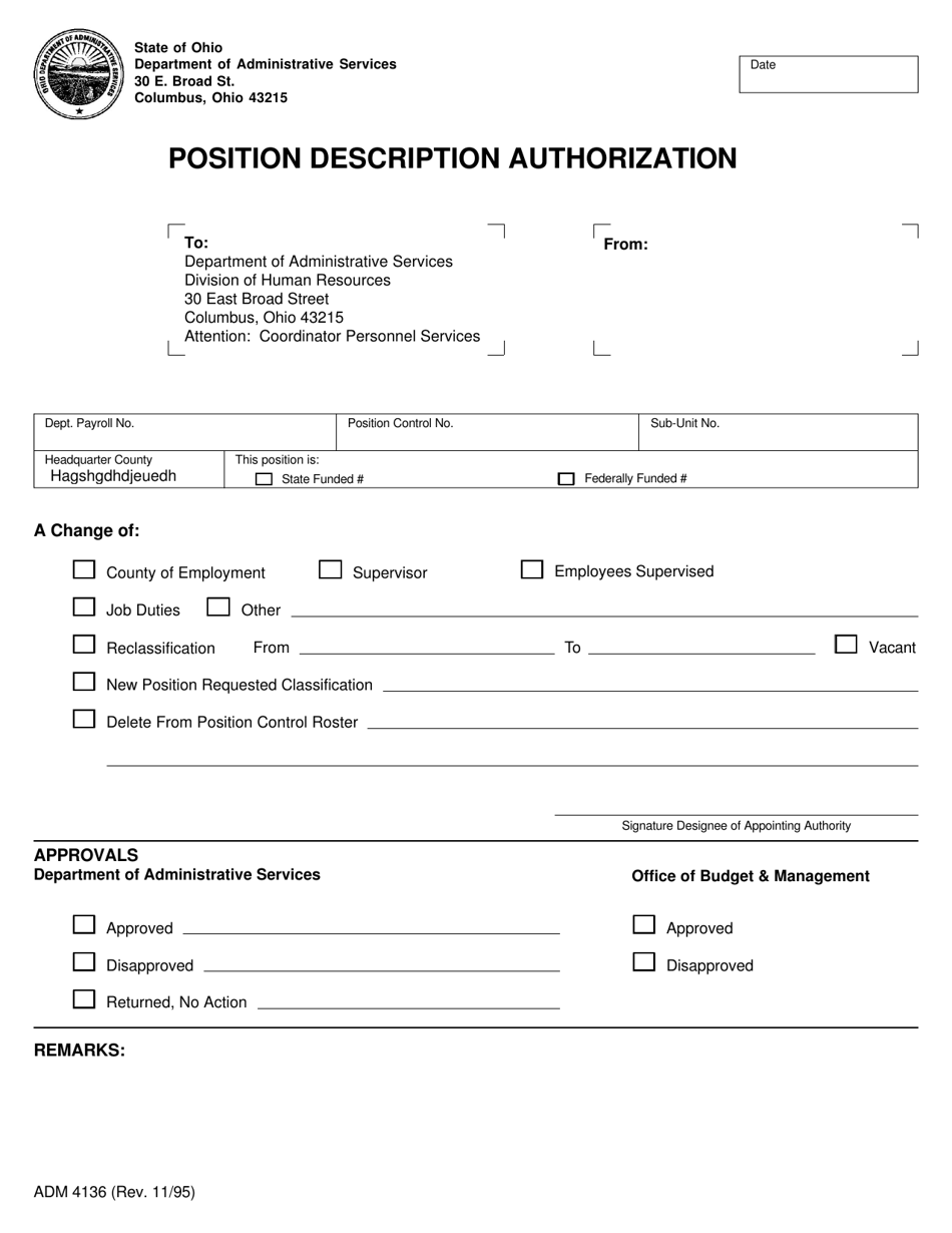 Form ADM4136 Position Description Authorization - Ohio, Page 1
