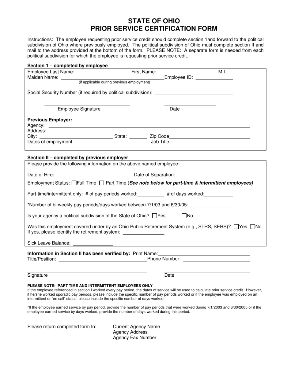 Prior Service Certification Form - Ohio, Page 1