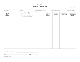 Document preview: Form ADM3502 Records Transfer List - Ohio