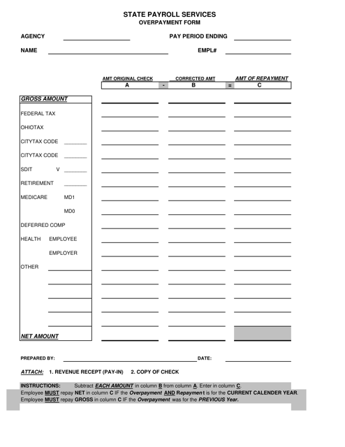 State Payroll Services Overpayment Form - Ohio Download Pdf