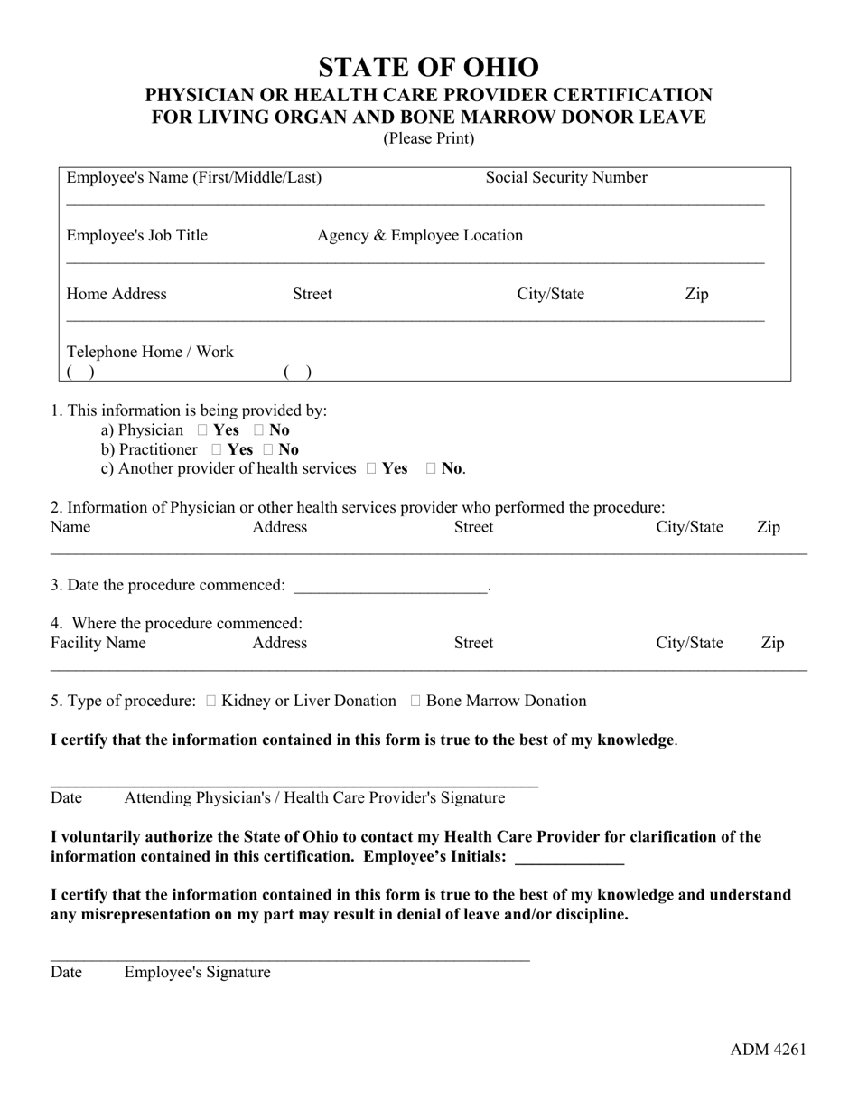 Form ADM4261 Physician or Health Care Provider Certification for Living Organ and Bone Marrow Donor Leave - Ohio, Page 1