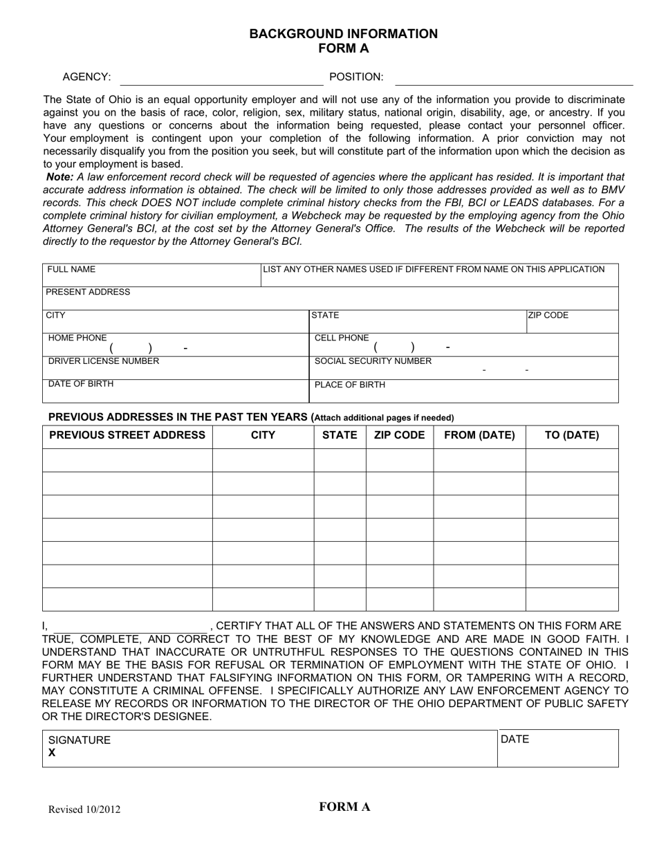 Form A Unclassified Background Check Form - Ohio, Page 1