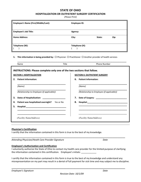 Hospitalization or Outpatient Surgery Certification Form - Ohio Download Pdf