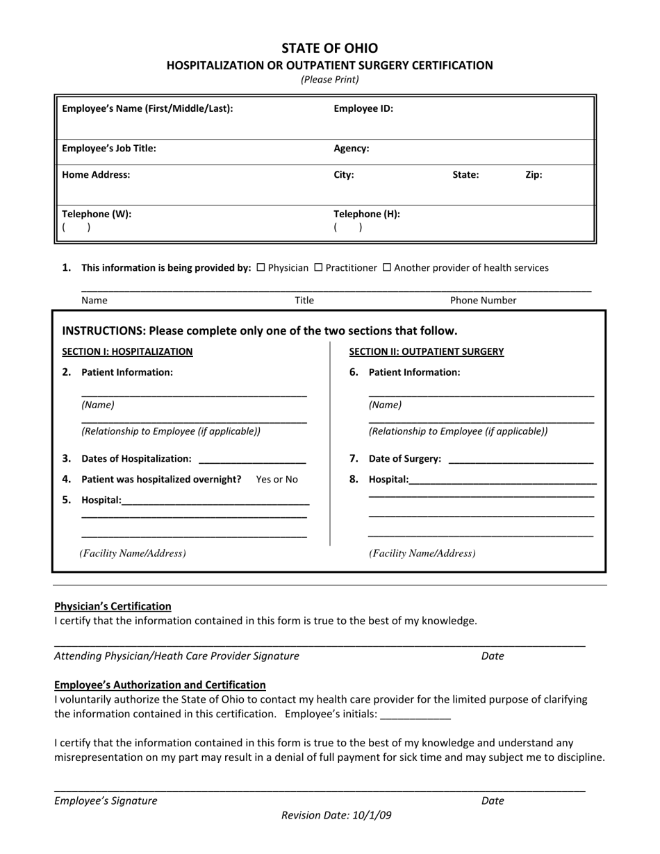 Hospitalization or Outpatient Surgery Certification Form - Ohio, Page 1