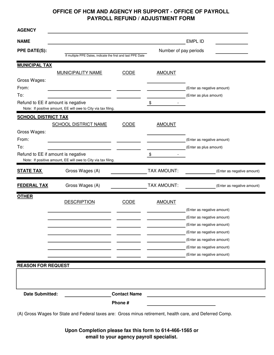 Payroll Refund / Adjustment Form - Ohio, Page 1