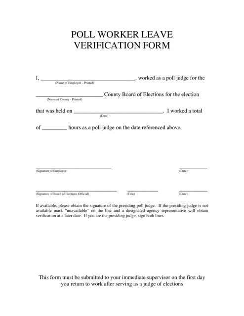 Poll Worker Leave Verification Form - Ohio Download Pdf