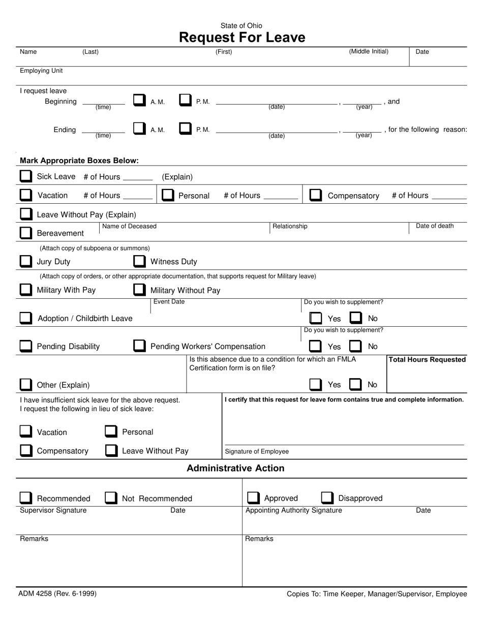 Form ADM4258 Request for Leave - Ohio, Page 1