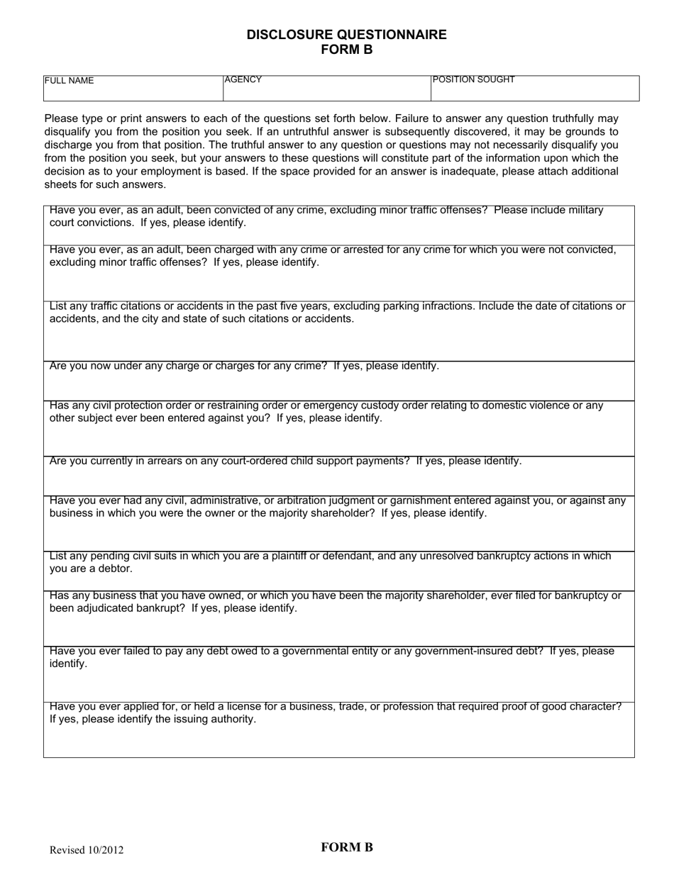 Form B Disclosure Questionnaire - Ohio, Page 1