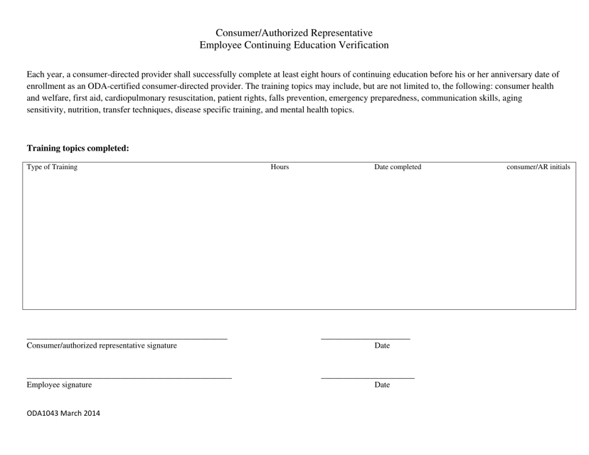 Form ODA1043 Consumer/Authorized Representative Employee Continuing Education Verification - Ohio