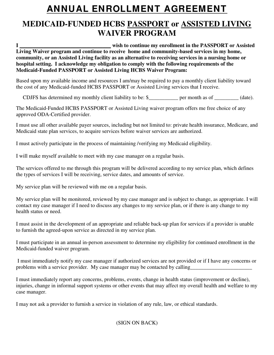 Form ODA1044 Annual Enrollment Agreement - Medicaid-Funded Hcbs Passport or Assisted Living Waiver Program - Ohio, Page 1